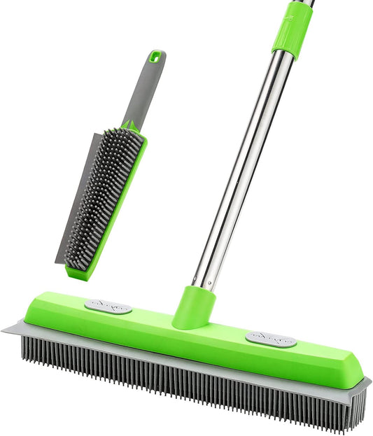 Rubber Broom with Squeegee for Carpet Pet Hair Remover,57 Inch Long Handled Fur Remover Rake,Portable Detailing Lint Brush,Pet Removal Fluff Carpet, Hardwood Floor, Tile