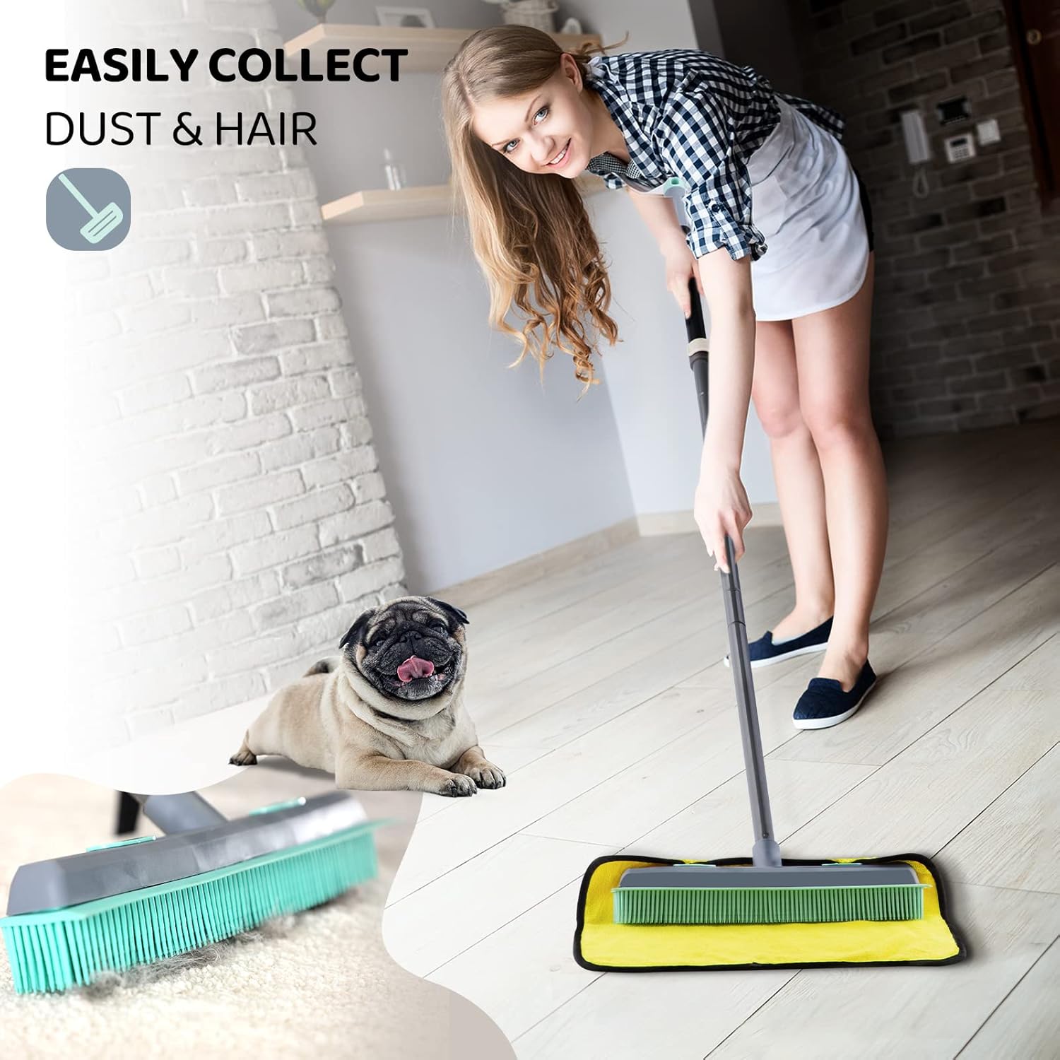 Rubber Broom Carpet Rake for Pet Hair, Fur Remover Broom with Squeegee, Portable Detailing Lint Remover Brush (Iron Handle)