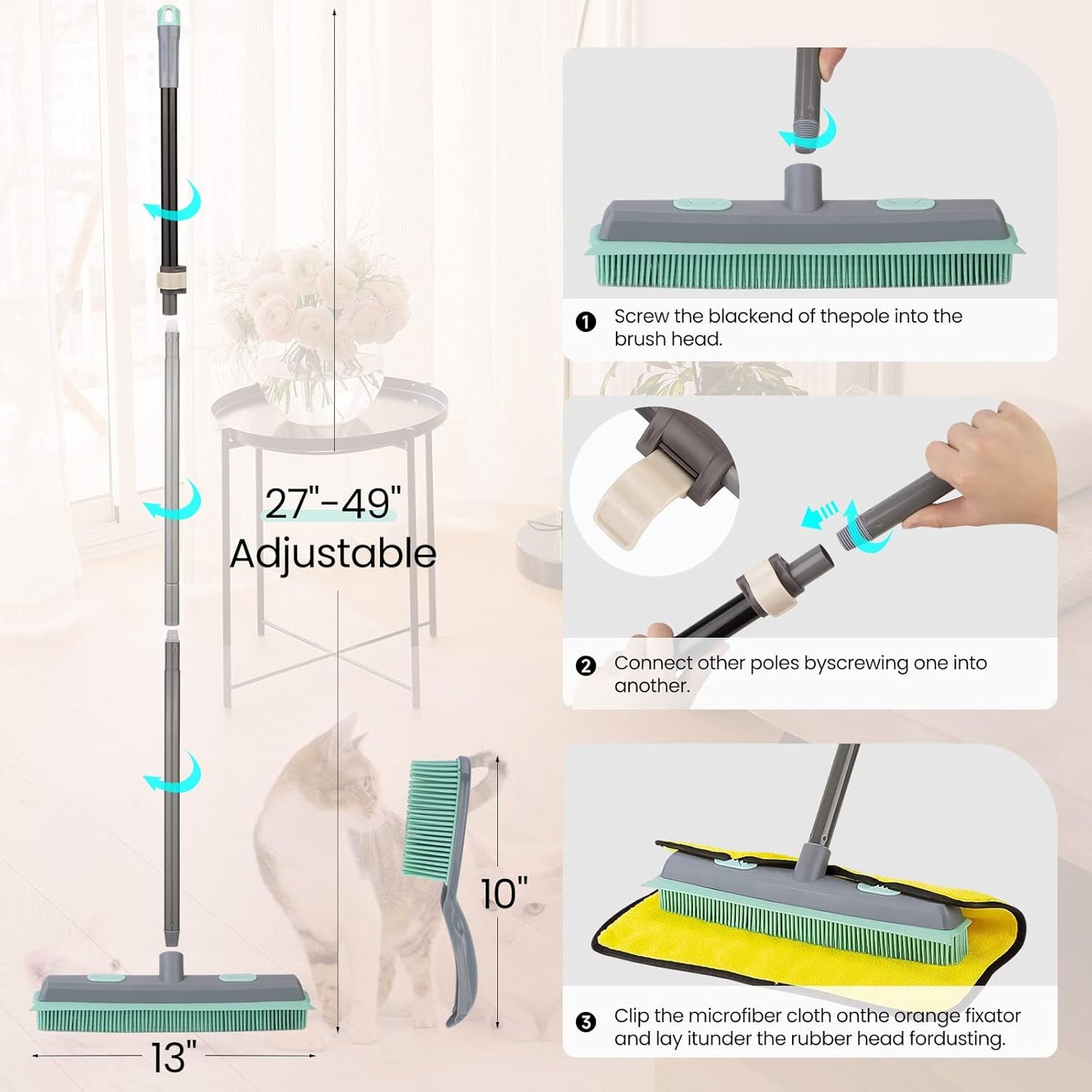 Rubber Broom Carpet Rake for Pet Hair, Fur Remover Broom with Squeegee, Portable Detailing Lint Remover Brush (Iron Handle)