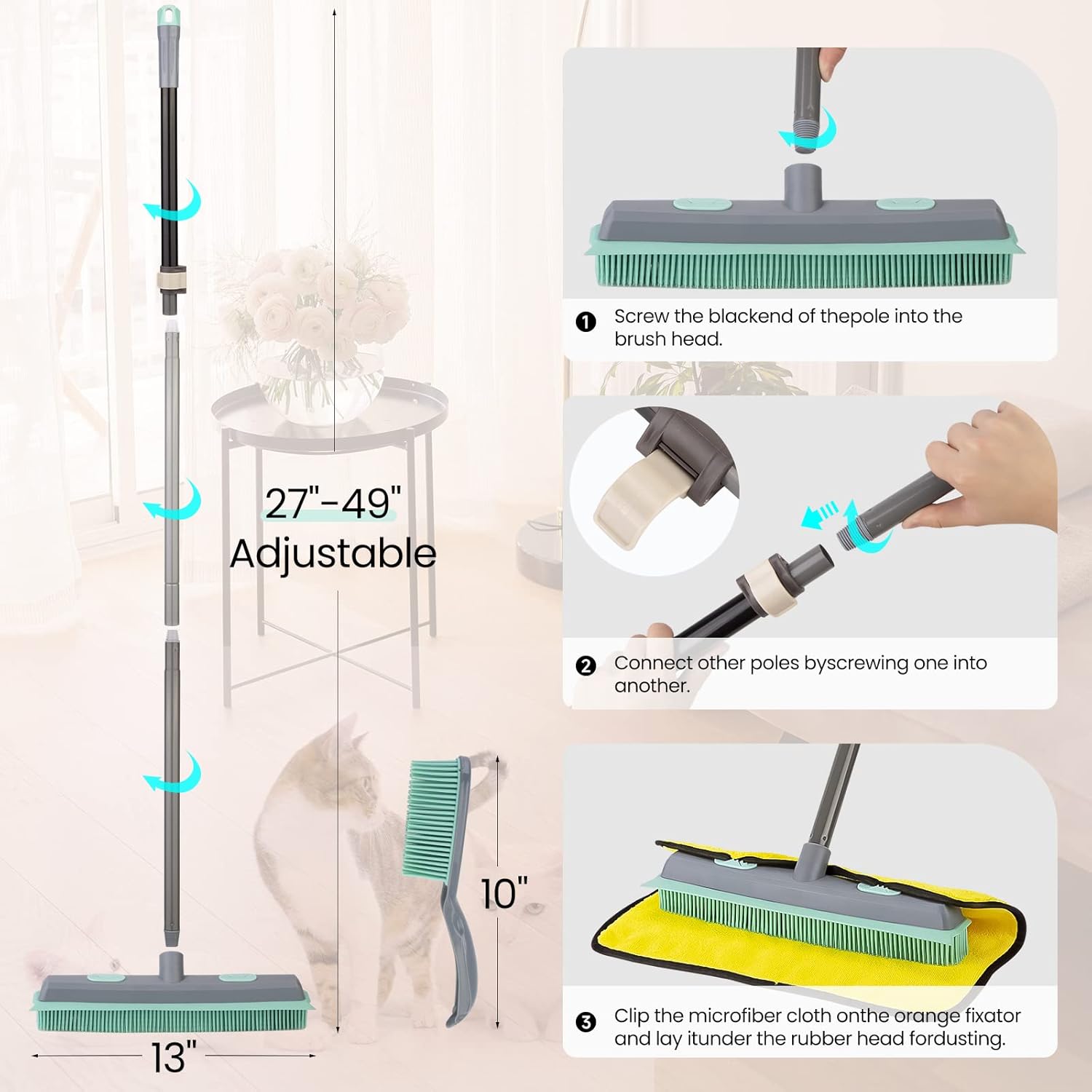 Rubber Broom Carpet Rake for Pet Hair, Fur Remover Broom with Squeegee, Portable Detailing Lint Remover Brush (Iron Handle)