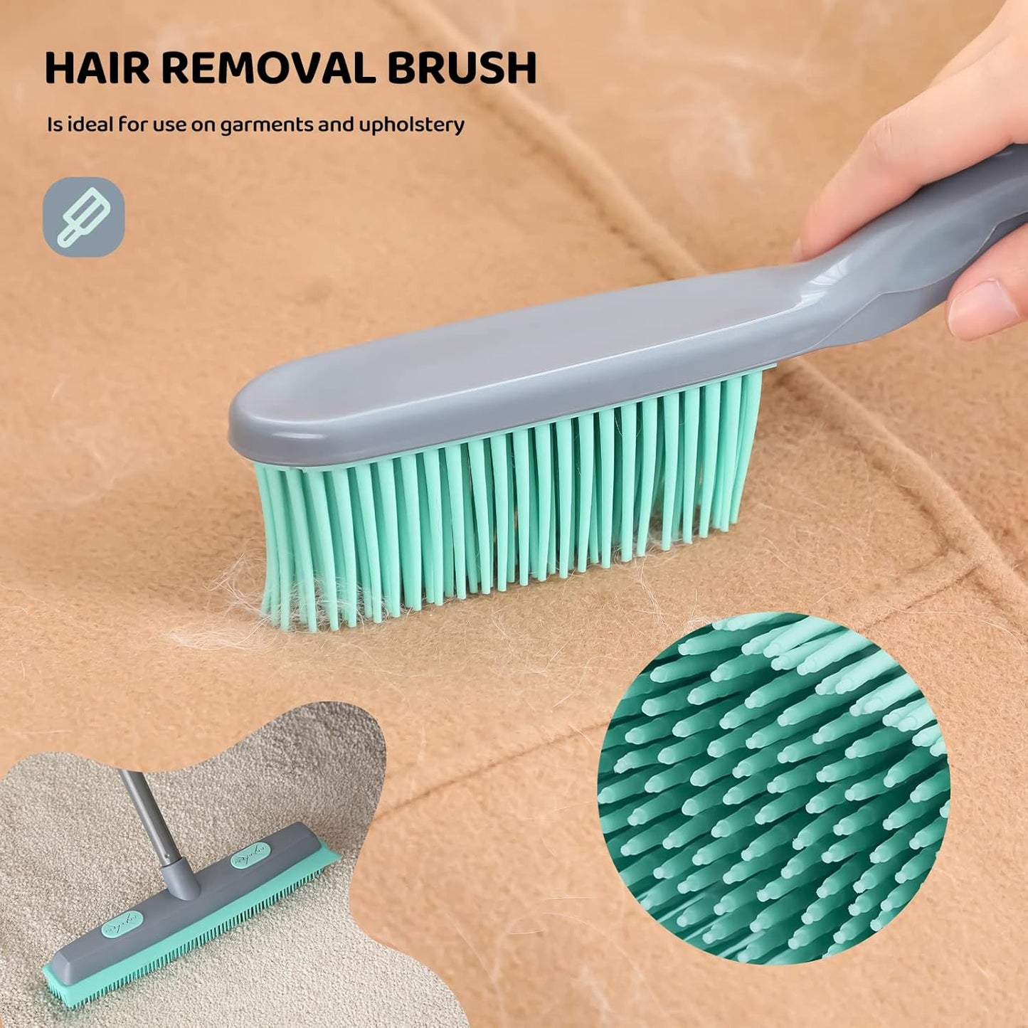 Rubber Broom Carpet Rake for Pet Hair, Fur Remover Broom with Squeegee, Portable Detailing Lint Remover Brush (Iron Handle)