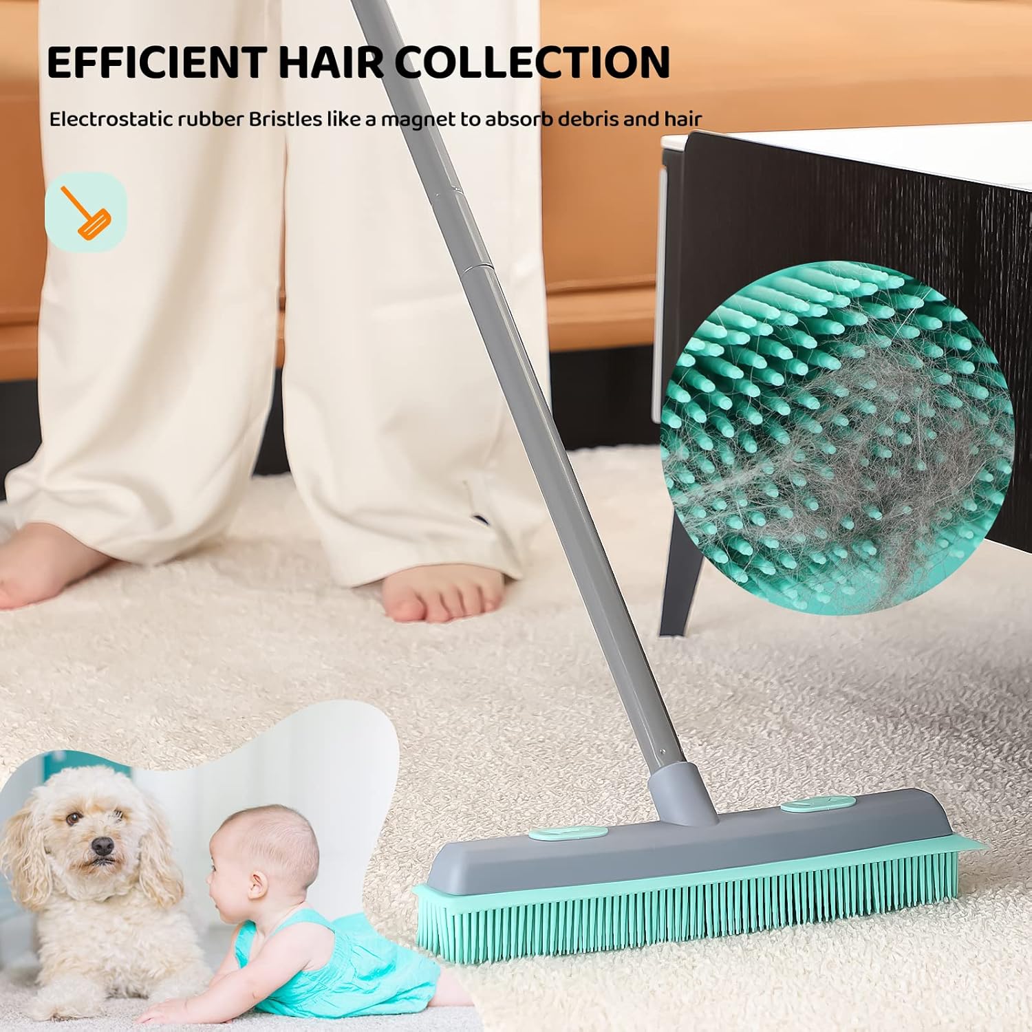 Rubber Broom Carpet Rake for Pet Hair, Fur Remover Broom with Squeegee, Portable Detailing Lint Remover Brush (Iron Handle)